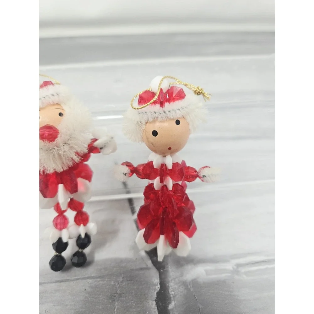 Vintage Safety‎ Pin Ornaments Beaded Handmade Christmas Santa  Mrs Claus 1960's